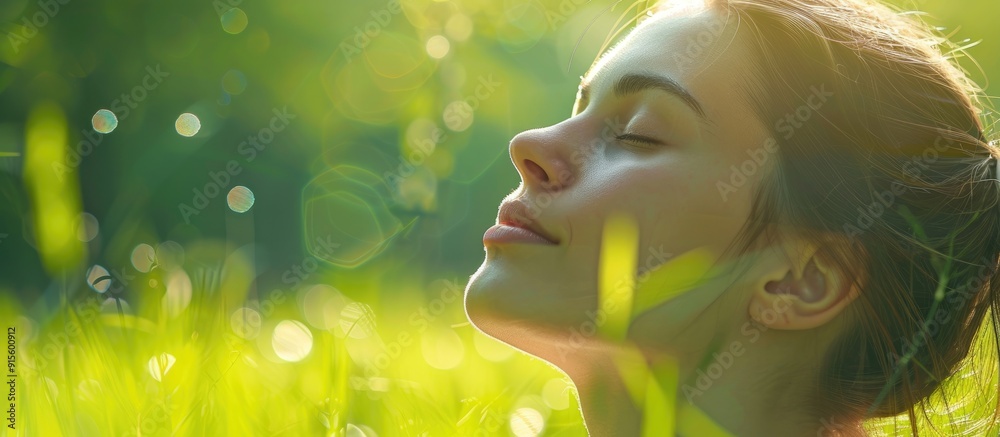 Close up of a woman s face in an outdoor natural setting One side of her face features a green copyspace Close up of a woman s face in an outdoor natural setting One side of her face features a green copyspace