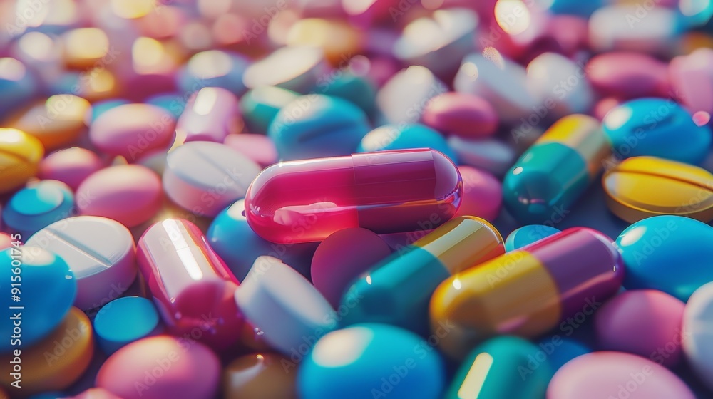 A pile of colorful pills on a table A pile of colorful pills on a table
