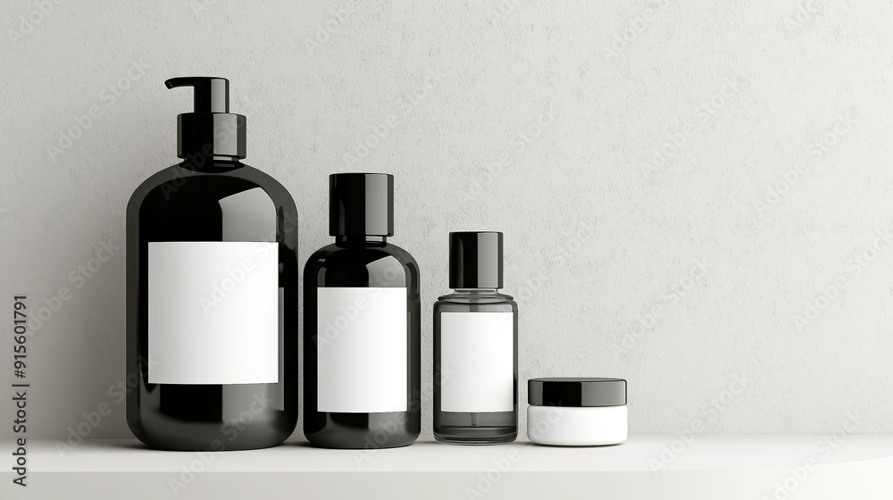Black cosmetics bottles mock up on gray background Black cosmetics bottles mock up on gray background