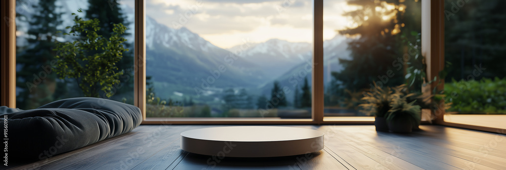 Fototapeta premium 3d stage scene podium of a minimalist interior of wooden floor, breathtaking view of snow-capped mountains and a lush green valley bathed in warm sunset light