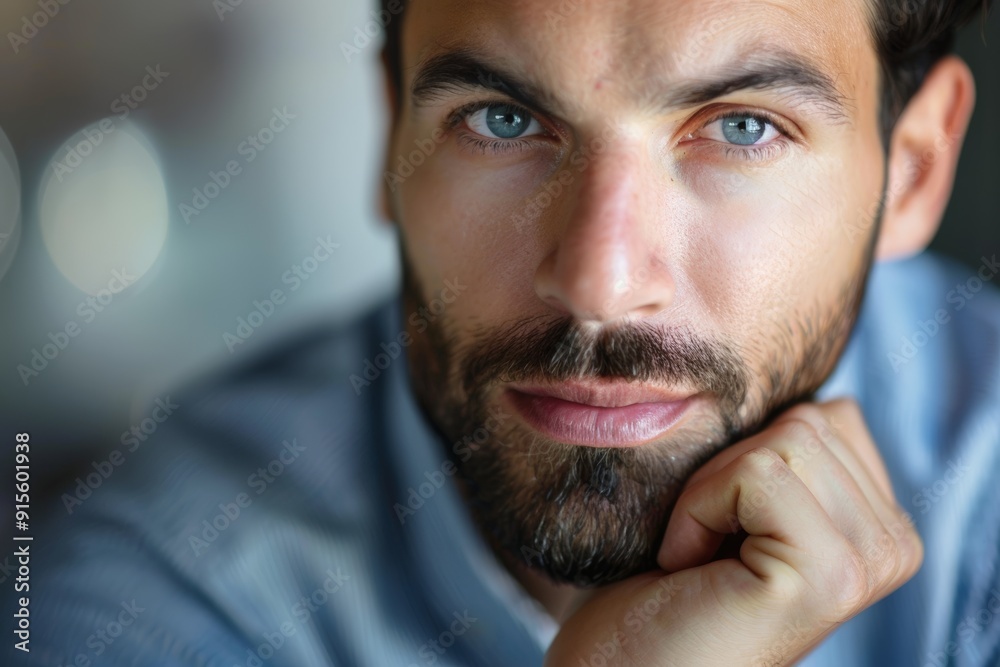 Fototapeta premium A man with a beard and blue eyes is looking at the camera
