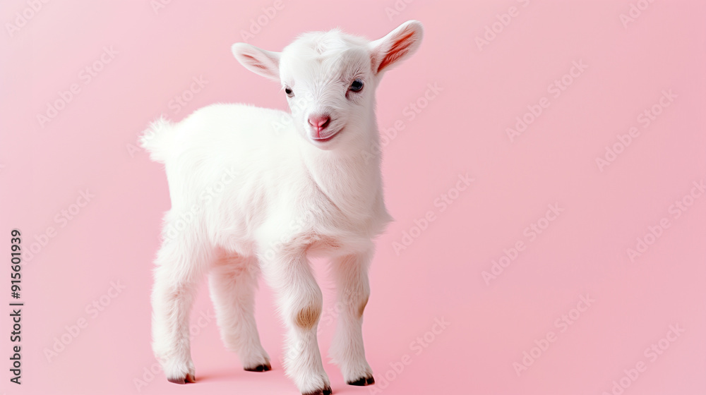 Fototapeta premium Cheerful white baby goat on a soft pink background