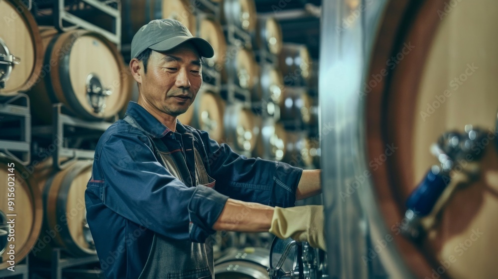 An Asian man in winery uniform interacts with wine barrels in a warehouse. Near a metal structure, he appears to open a door or control panel, no text for context. An Asian man in winery uniform interacts with wine barrels in a warehouse. Near a metal structure, he appears to open a door or control panel, no text for context.