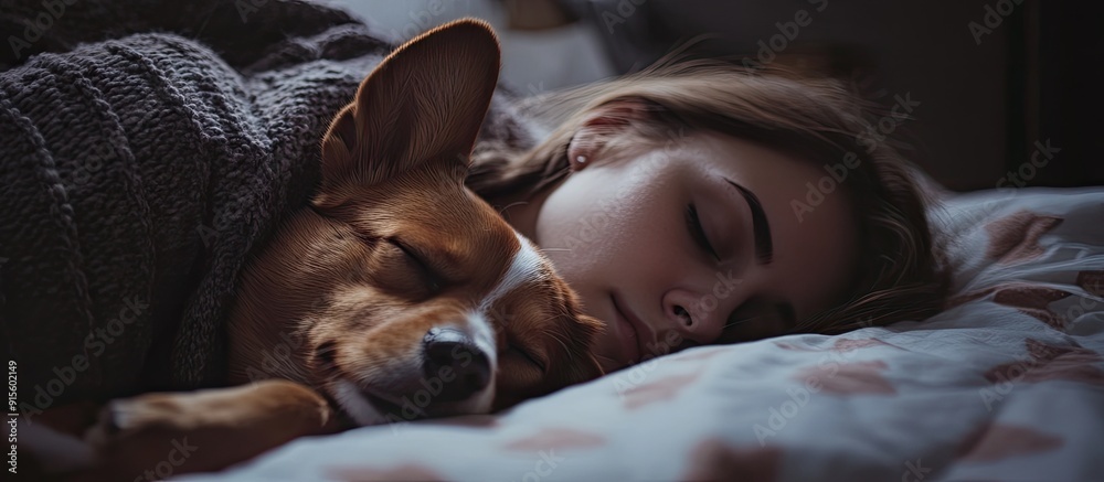 Girl and her little brown dog resting in bed beneath a blanket. with copy space image. Place for adding text or design Girl and her little brown dog resting in bed beneath a blanket. with copy space image. Place for adding text or design