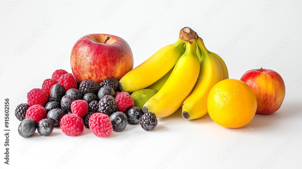 Fruits isolated on white background. Apples, bananas, berry's and lemon lying on white background design mock up isolated. Healthy food and fitness Fruits isolated on white background. Apples, bananas, berry's and lemon lying on white background design mock up isolated. Healthy food and fitness