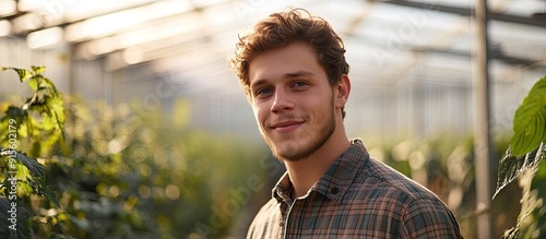 A young attractive farmer stands in a greenhouse looking at the camera with his head slightly tilted to the left He has a calm smile on his face The agronomist is wearing a plaid shirt Copy space photo