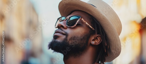 Portrait of a Black man wearing sunglasses and a hat on the street African American profile. with copy space image. Place for adding text or design photo