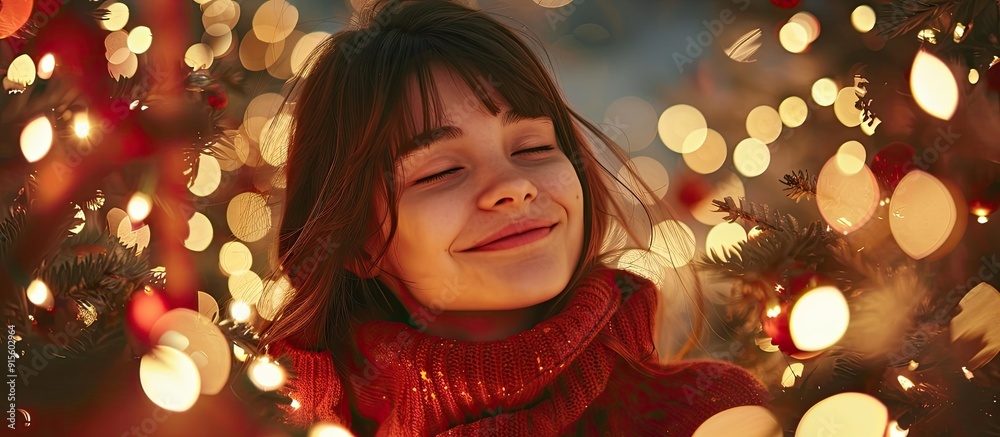 A pretty girl in red is enjoying her time indoors at a Christmas setting filled with lights Copy space A pretty girl in red is enjoying her time indoors at a Christmas setting filled with lights Copy space