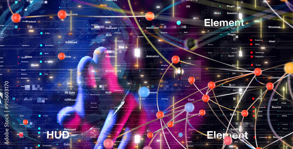 Fototapeta premium Global network. Blockchain. 3D illustration. Neural networks and artificial intelligence. Abstract - 3d