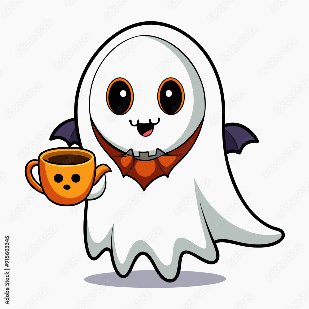 Fototapeta premium Halloween Ghost with Coffee Vector Illustration - Cartoon, Clipart, and Line Art Design