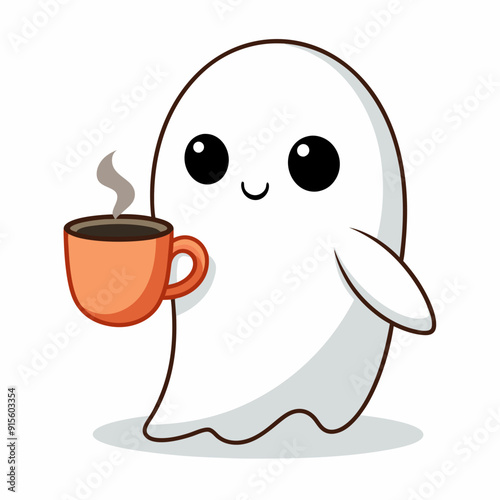 Halloween Ghost with Coffee Vector Illustration - Cartoon, Clipart, and Line Art Design