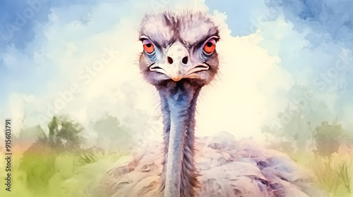 Ostrich in nature Watercolor Style photo