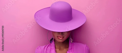 A beautiful purple woman s hat isolated on a pink background in flat lay style includes copy space for text