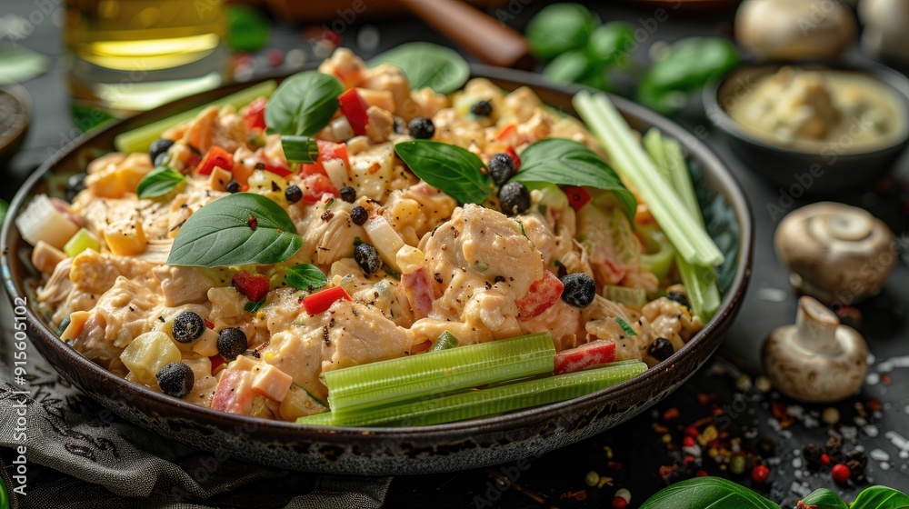 chicken salad with celery, mushrooms in bowl chicken salad with celery, mushrooms in bowl