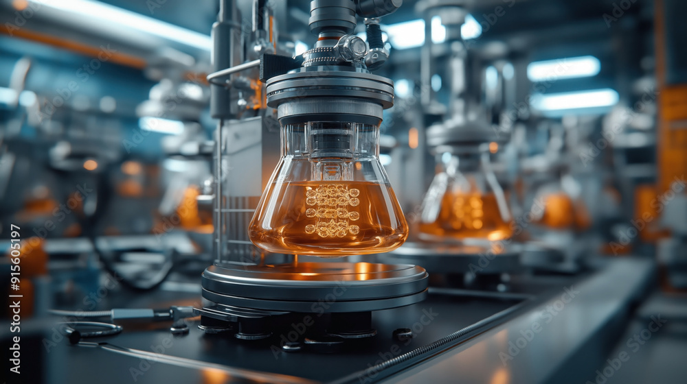 Laboratory conical flask with orange liquid on a shaker in a modern research setting, with additional lab equipment in the background.