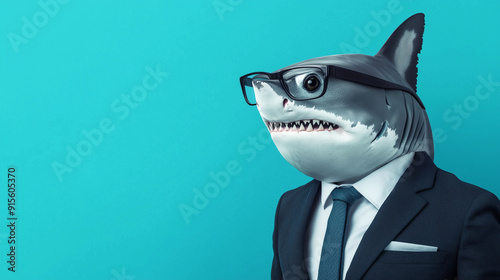 Shark in a suit with glasses against a blue background. photo