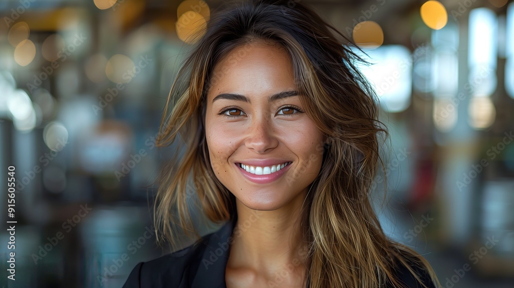 Obraz premium Confident Businesswoman Smiling, a professional woman exuding positivity, dressed in business attire, showcasing her success and approachability in a vibrant office environment