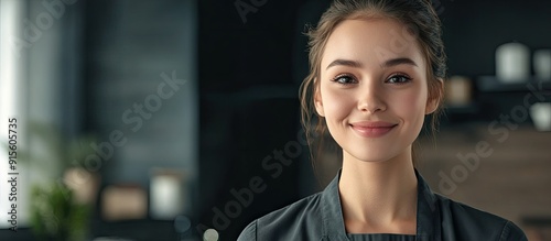 Grinning female employee. w...