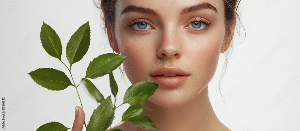 Close up studio shot of a beautiful young woman with clean fresh skin holding green leaves Promoting a product she gestures for an advertisement against a white background. with copy space image Close up studio shot of a beautiful young woman with clean fresh skin holding green leaves Promoting a product she gestures for an advertisement against a white background. with copy space image