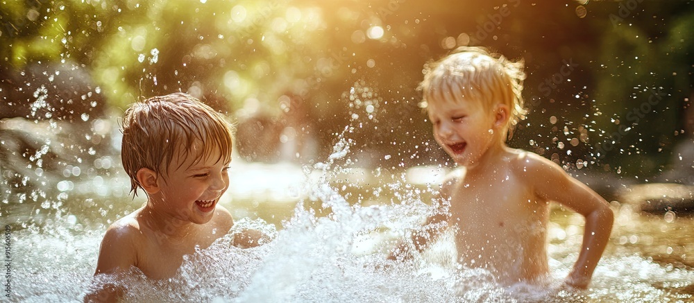 Two children splashing and playing in a natural pool during the summer. with copy space image. Place for adding text or design