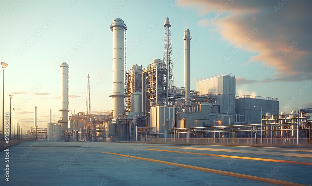 Wide-Angle Photo of Natural Gas Power Plant with Gas Turbines, Exhaust Stacks, and Cooling Towers Wide-Angle Photo of Natural Gas Power Plant with Gas Turbines, Exhaust Stacks, and Cooling Towers