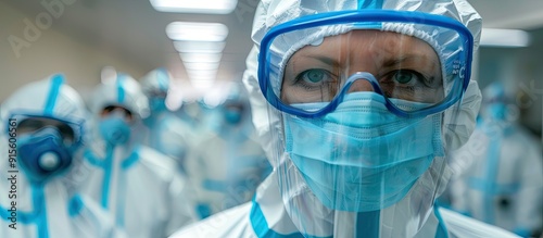 doctor in protective PPE suit wearing a face mask and glasses. with copy space image. Place for adding text or design