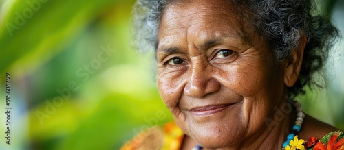 Happy healthy and active senior Polynesian Cook Islander woman aged 60 70 smiling and looking at the camera in Rarotonga Cook Islands Real people Copy space