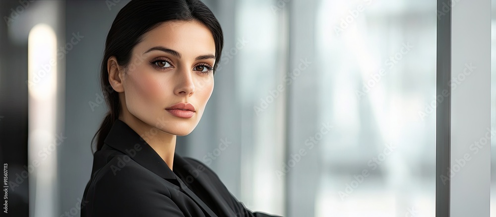 Businesswoman leaning against a desk in the office and gazing at the camera. with copy space image. Place for adding text or design Businesswoman leaning against a desk in the office and gazing at the camera. with copy space image. Place for adding text or design