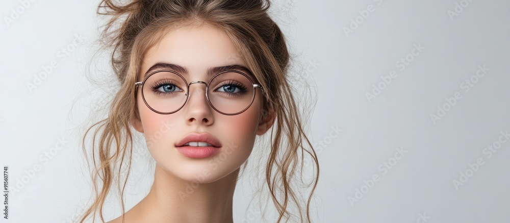 Attractive girl wearing new glasses. with copy space image. Place for adding text or design