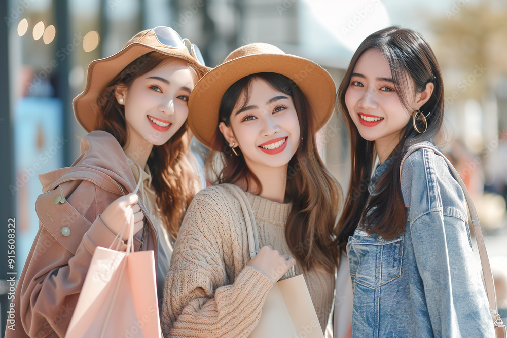 Young fashionable female friends meeting and shopping on weekend. Friend, lifestyle, hobby concept Young fashionable female friends meeting and shopping on weekend. Friend, lifestyle, hobby concept