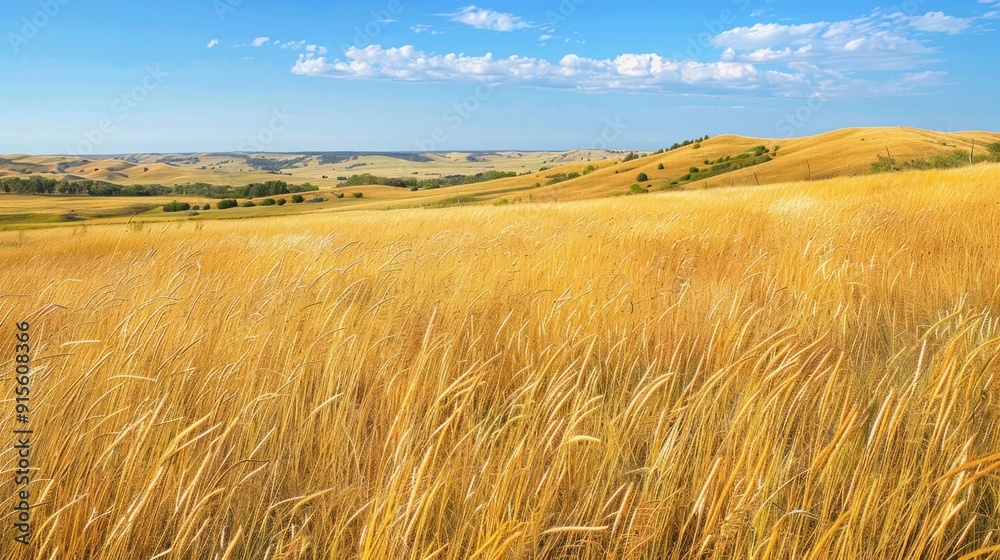 Golden Grass Field with Rolling Hills and Blue Sky. Golden Grass Field with Rolling Hills and Blue Sky.