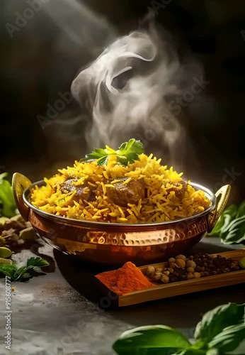 Steaming biryani dish with golden rice and meat vibrant colors against dark background, highlighting the flavorful meal, rich presentation, food photography