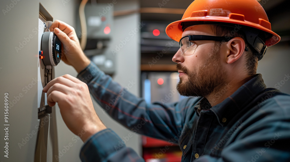 A technician wearing an orange hardhat adjusts a smart thermostat, focusing intently on the controls. A technician wearing an orange hardhat adjusts a smart thermostat, focusing intently on the controls.