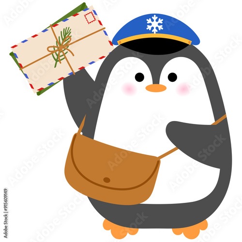 cute penguin is wearing postman hat and brown bag , holding a christmas letter illustration