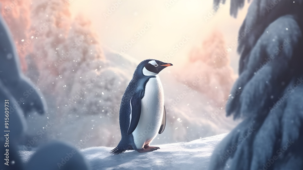 Fototapeta premium Penguin in nature Watercolor Style