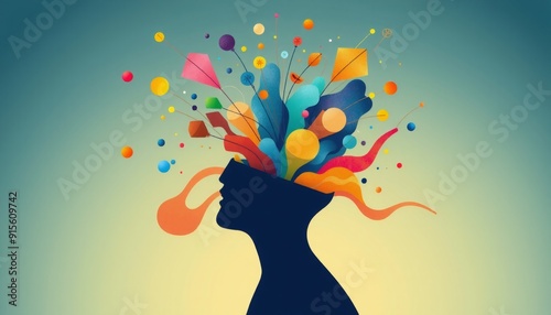 vector illustration of a person with an open mind from which colorful ideas and abstract shapes flow symbolizing creativity passion and the boundless nature of inspiration photo