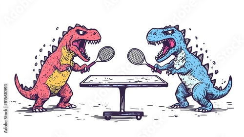 Two cartoon dinosaurs playing table tennis with intense expressions.