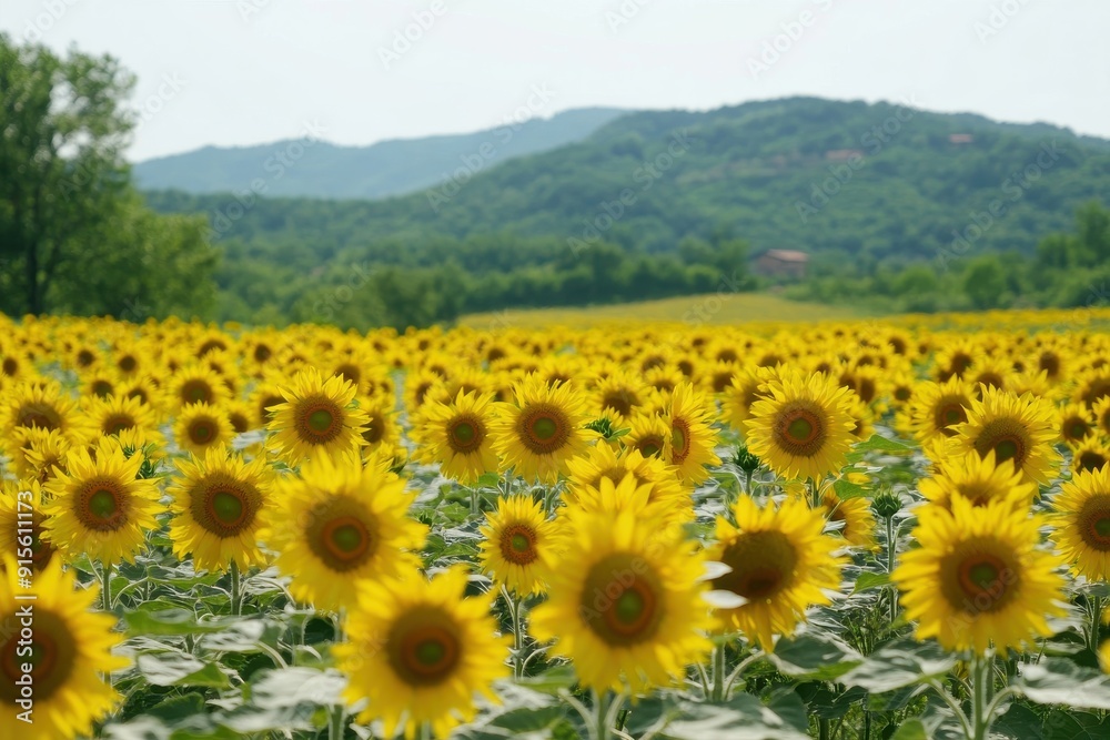 Fototapeta premium Vibrant sunflower landscapes amidst nature's picturesque farming views