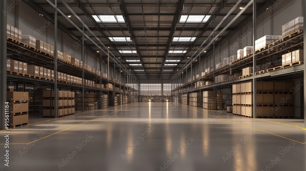 Interior of a large, organized warehouse with rows of shelves fully stocked with boxes, illuminated by natural light from skylights. Interior of a large, organized warehouse with rows of shelves fully stocked with boxes, illuminated by natural light from skylights.