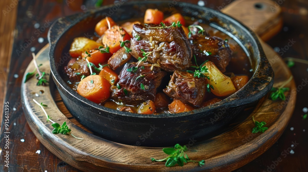 A dish full of meat and vegetables, including carrots and potatoes, A dish full of meat and vegetables, including carrots and potatoes,
