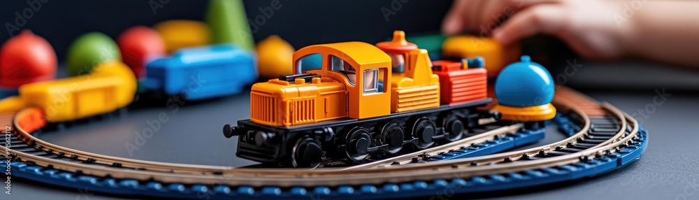 Boy intently playing with a detailed train set, colorful tracks and scenery, joyful focus, boy playing train set, imagination and creativity Boy intently playing with a detailed train set, colorful tracks and scenery, joyful focus, boy playing train set, imagination and creativity