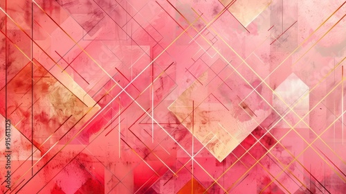 Contemporary geometric patterns in pink and coral hues, enriched with golden touches