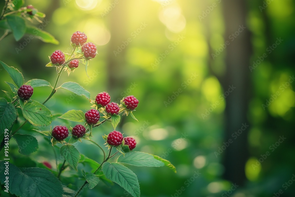 Ripe red raspberries growing on a bush in a sunlit garden with a lush green background Ripe red raspberries growing on a bush in a sunlit garden with a lush green background