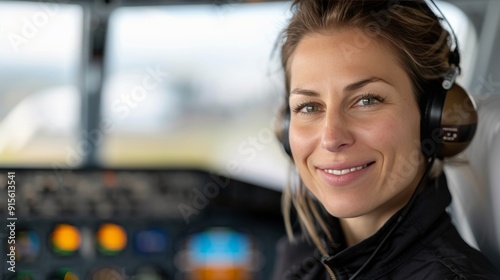 Female Pilot Smiling in Cockpit During Flight Preparation at Sunrise