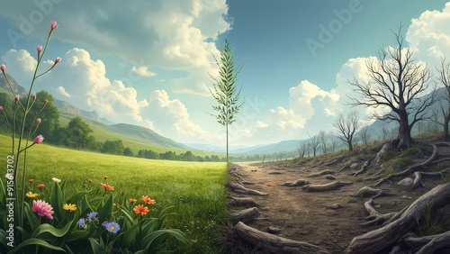 landscape with grass and clouds generative ai