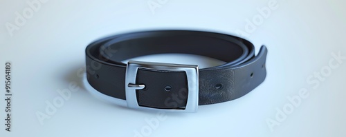 Black leather belt with a silver buckle on white background, 4K hyperrealistic photo photo