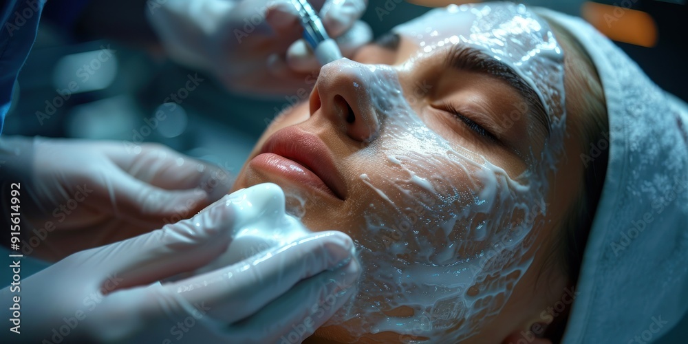 a young woman lying, having beauty treatment on her face a young woman lying, having beauty treatment on her face