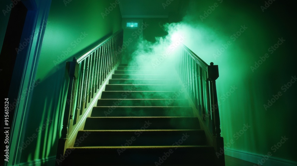 Green Mist Staircase, Stairs enveloped in eerie green mist, Mysterious atmosphere. Green Mist Staircase, Stairs enveloped in eerie green mist, Mysterious atmosphere.