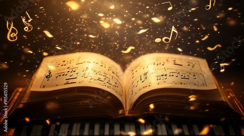 A mystical evening of music and harmony with notes floating above an open sheet music on a grand piano photo