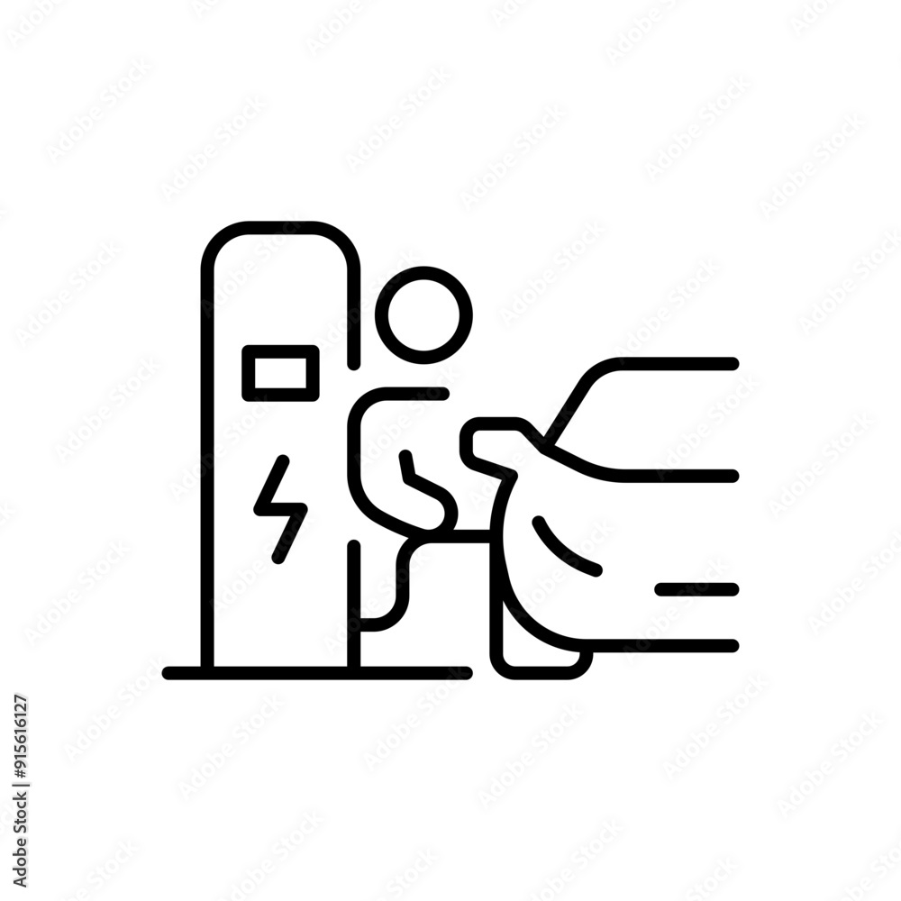 Man charging car icon. Simple outline style. Electric vehicle, charge, station, ev, eco, green energy, environment, technology concept. Thin line symbol. Vector illustration isolated. Man charging car icon. Simple outline style. Electric vehicle, charge, station, ev, eco, green energy, environment, technology concept. Thin line symbol. Vector illustration isolated.